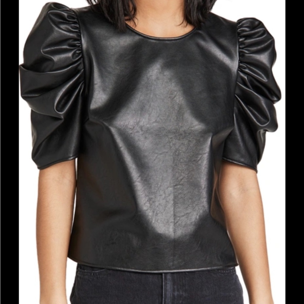 CINQ A SEPT faux leather blouse with puff sleeve